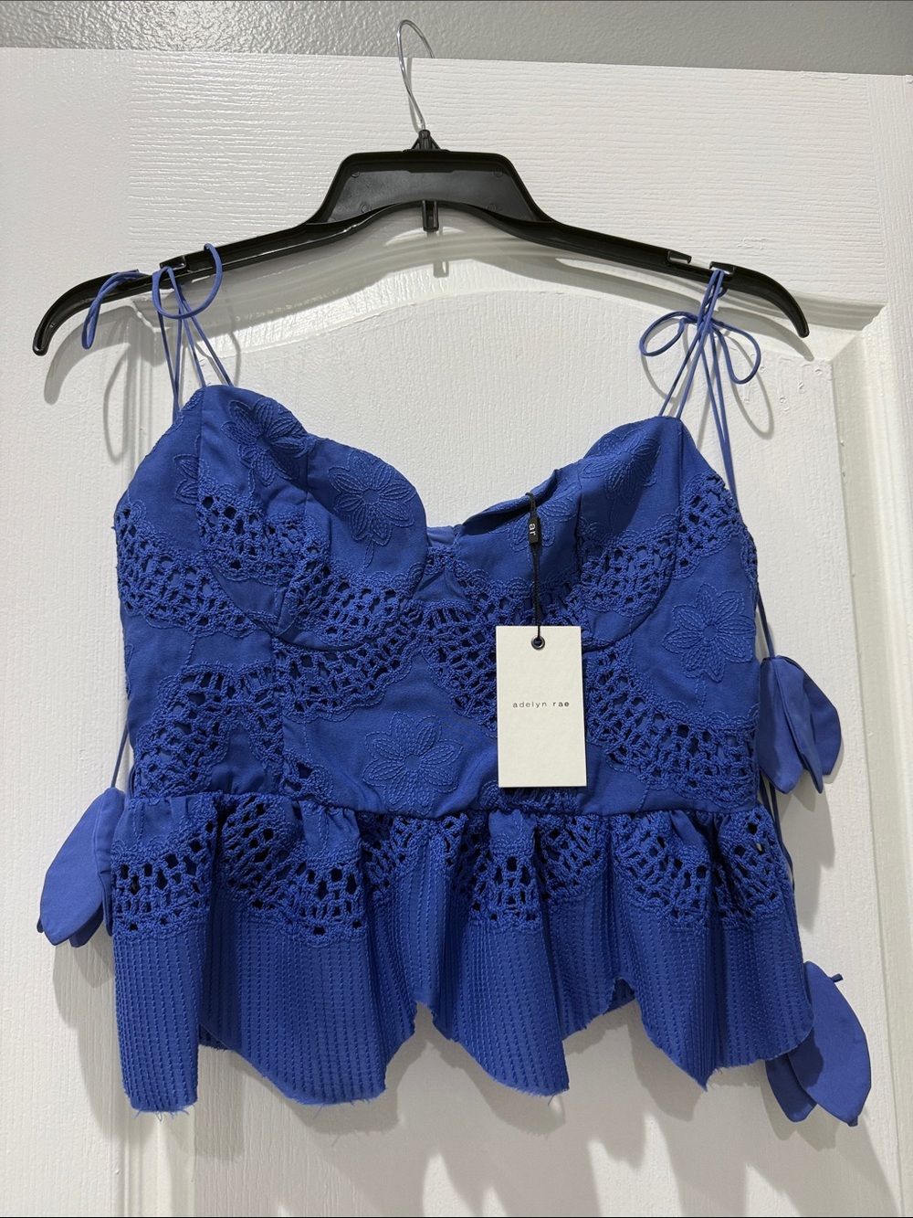 Adelyn Rae Cobalt Blue Crochet Tie-Strap Peplum Cami